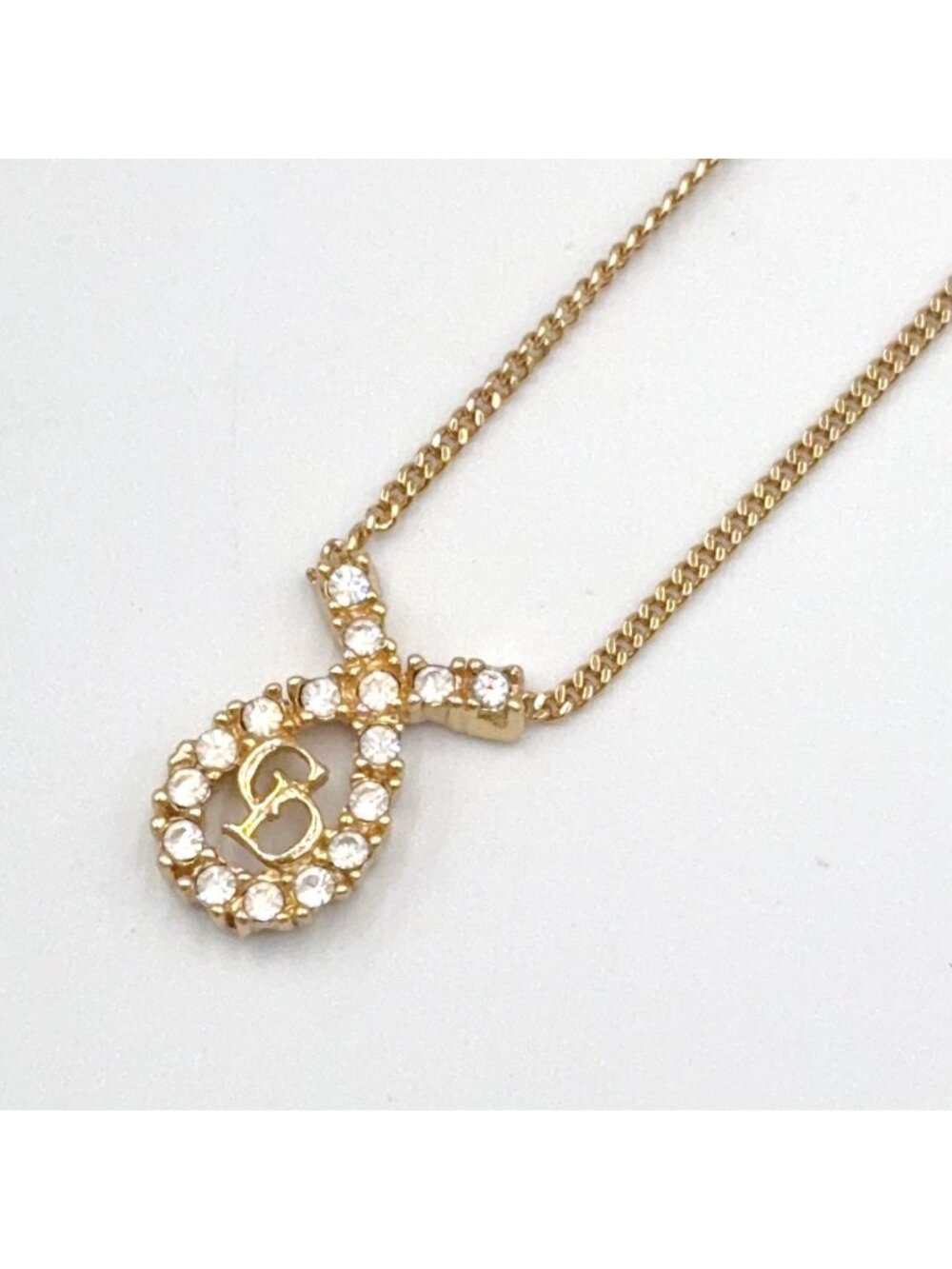 Dior CD Logo Ribbon Motif Rhinestone Color Stone Gold White Necklace